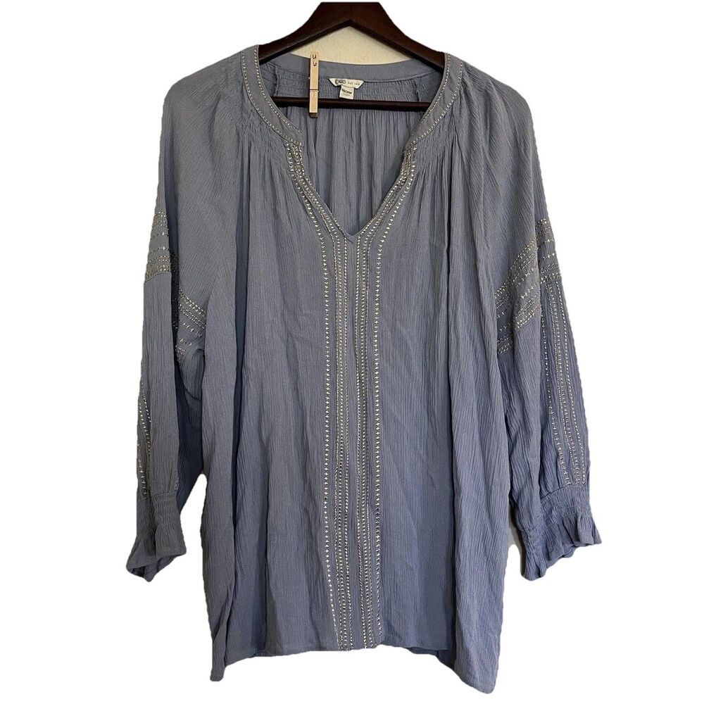 Cato V Neck Resort Embroidered Long Banded Sleeves Peasant Top Blouse SZ 18/20